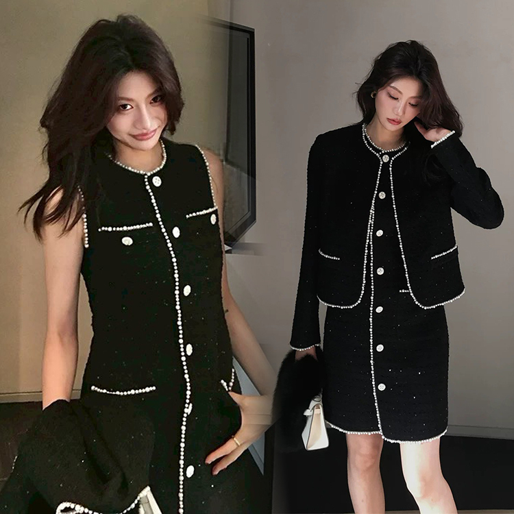 經典黑小香風圓領外套+背心裙短洋裝SET-S-XL (Elegant & Love)