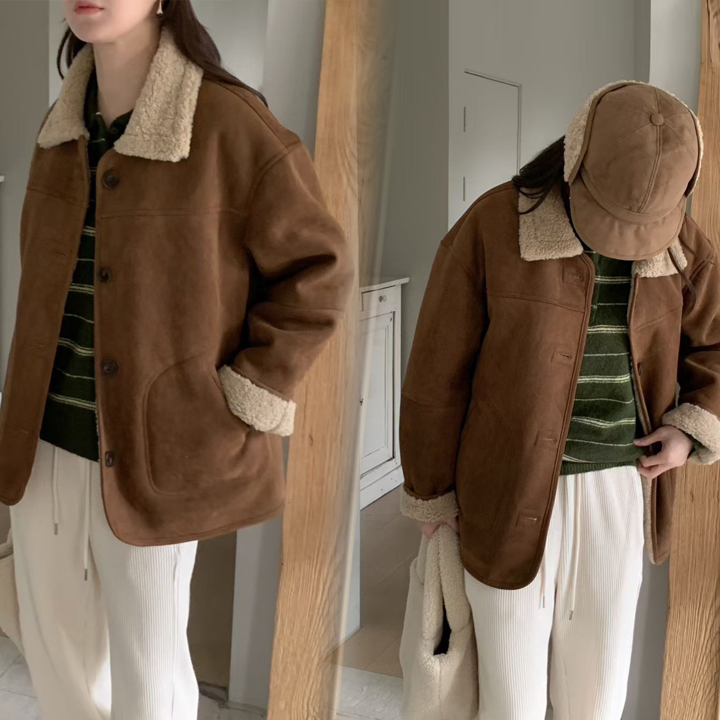 咖啡色系配色QQ毛領片造型麂皮外套 / 2色