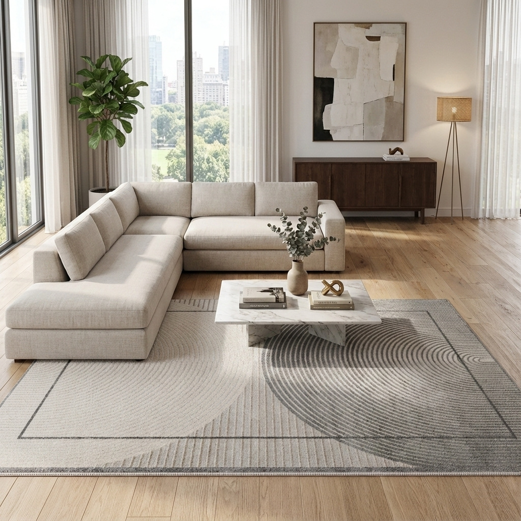 線條極簡風圓絨仿羊絨地毯