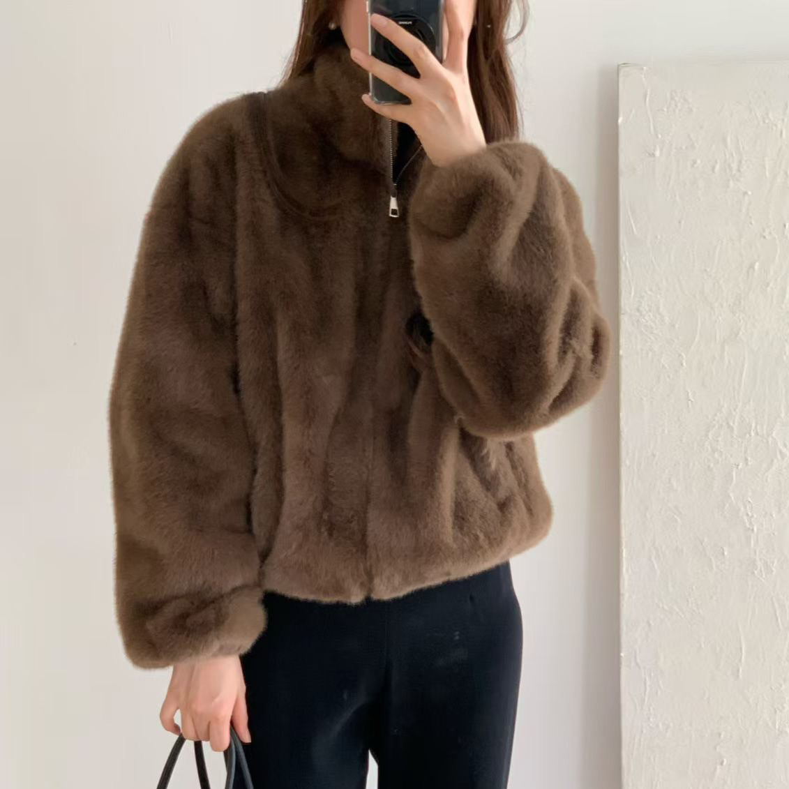 立領拉鍊造型縮腰毛絨絨皮草外套 / 3色