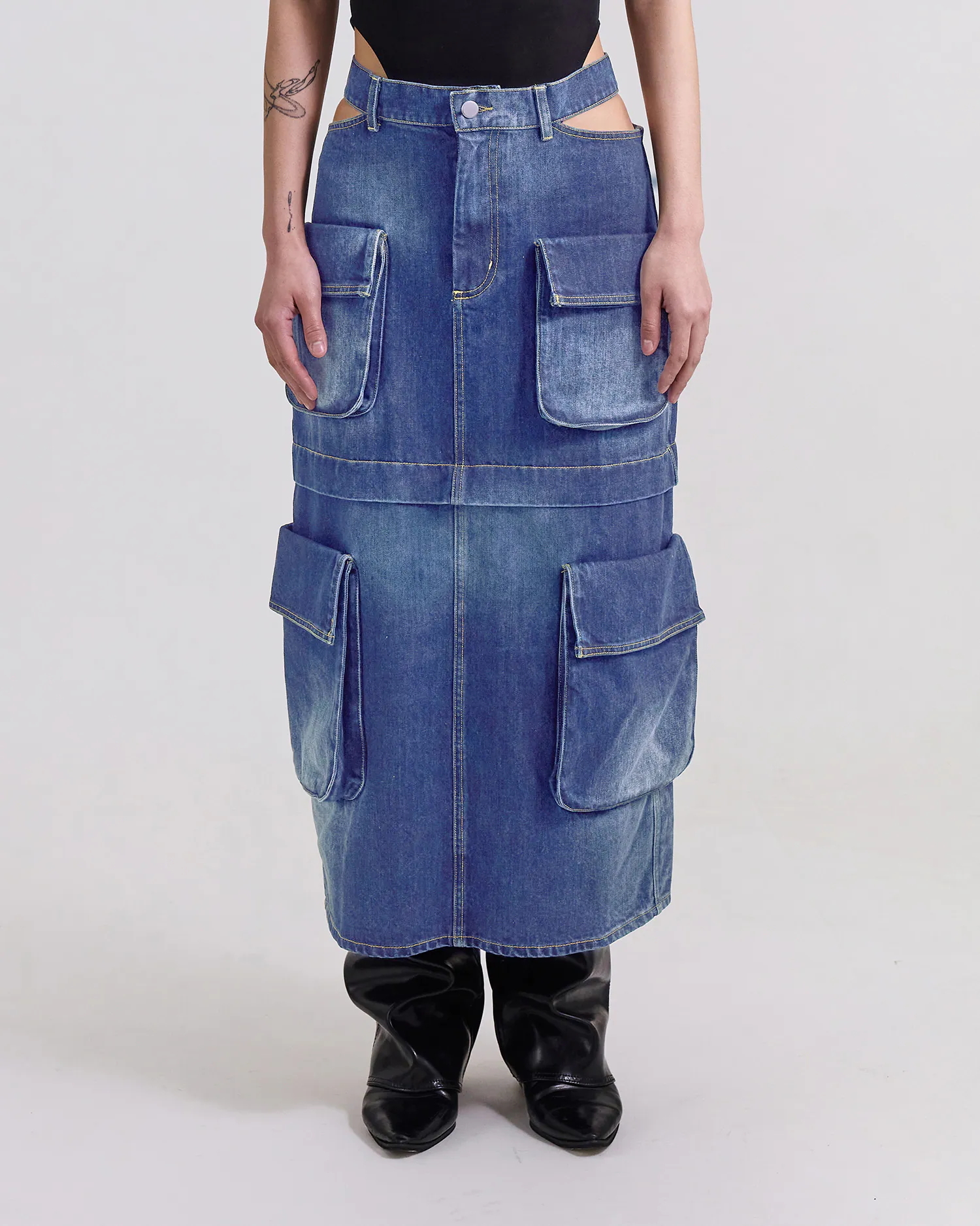 【車庫服飾】SILVER NINE RELIC-003：露腰cargo後開叉丹寧裙