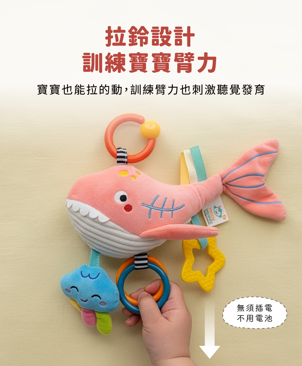鯨魚音樂拉鈴拉環設計,訓練寶寶手臂肌肉與抓握能力。
