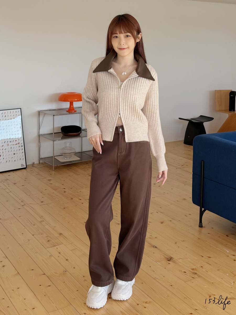 ⛄️(加絨/一般)小個子美拉德咖高腰直筒寬褲(XXS-L)(九分/長款)