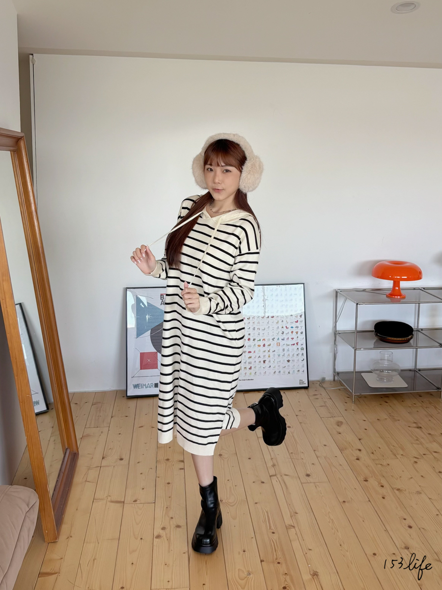 |現貨|連帽橫條紋懶人針織長洋裝(2色)