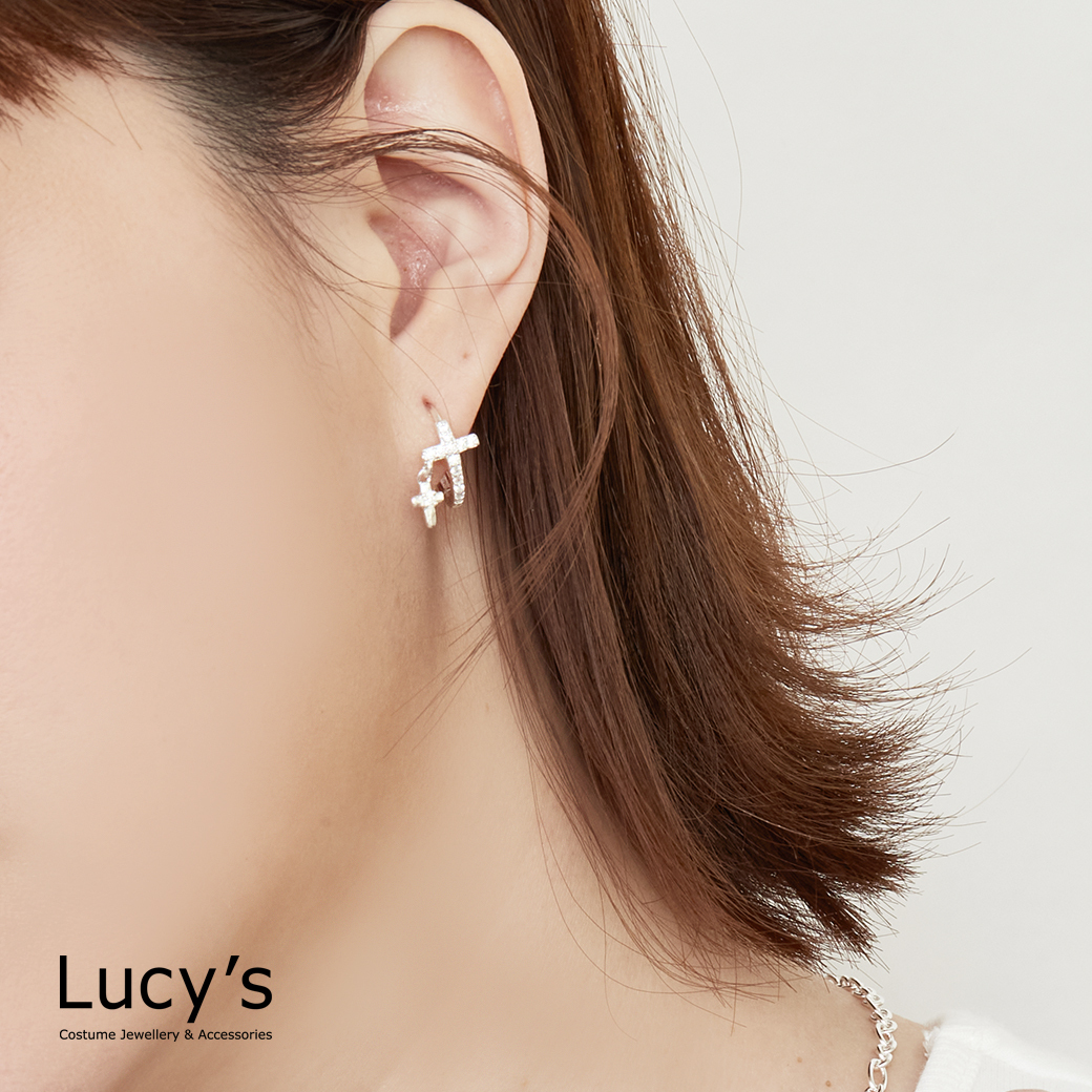 925純銀 十字雙序 易扣耳環 (126592)
