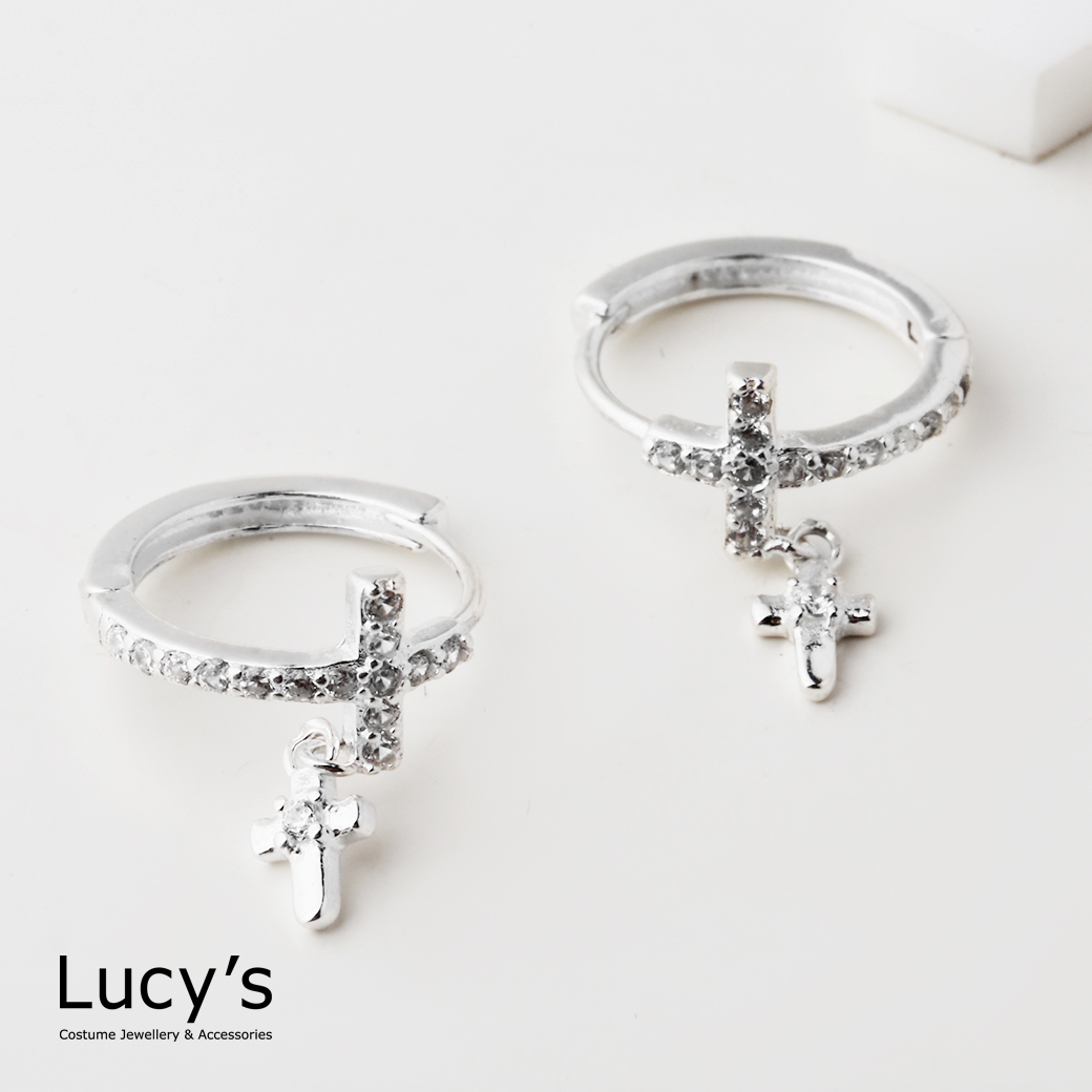 925純銀 十字雙序 易扣耳環 (126592)