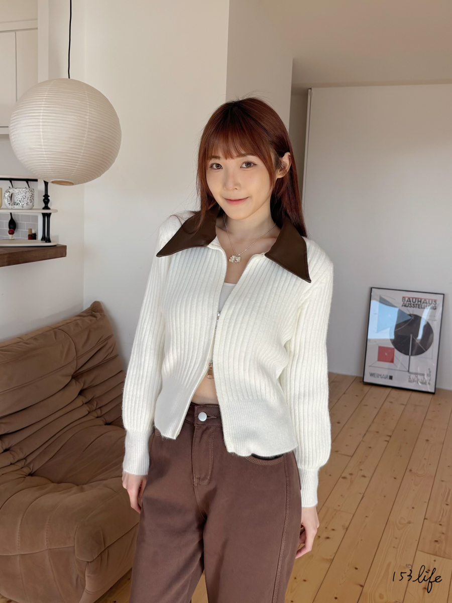 |現貨|造型皮翻領雙拉鍊針織上衣(3色)