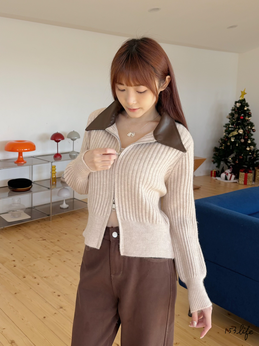 |現貨|造型皮翻領雙拉鍊針織上衣(3色)