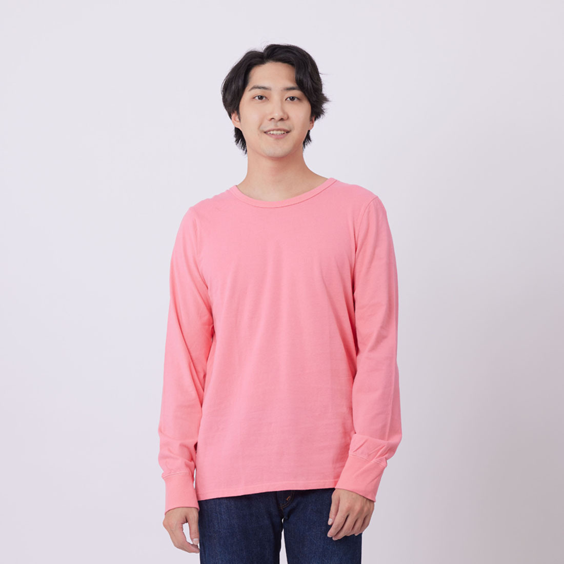 素面 圓領 長袖 蜜桃棉 男T 玫粉