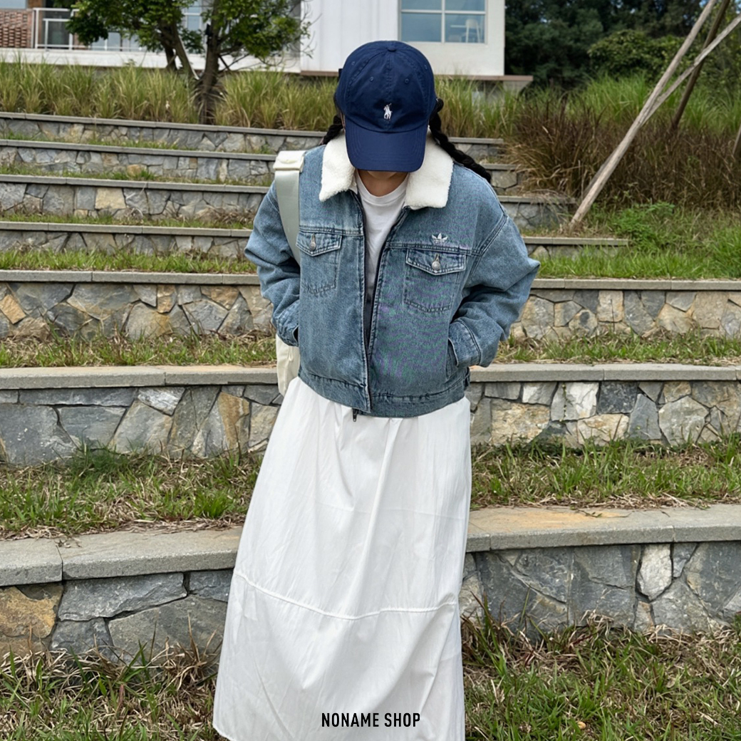 ADIDAS ORIGINALS FW25 翻領 毛毛 保暖 丹寧 牛仔 外套 (女款)