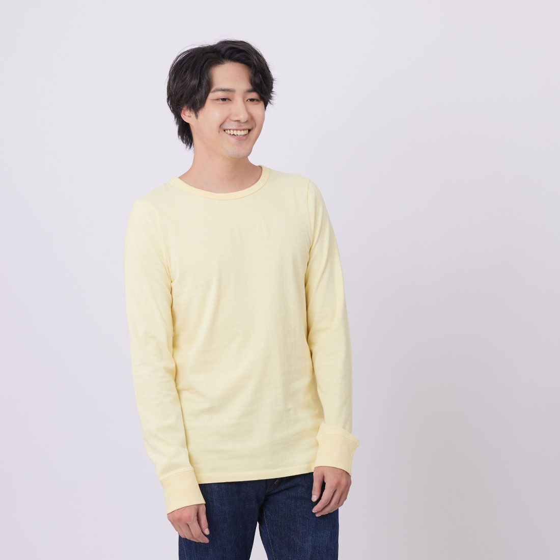 素面 圓領 長袖 蜜桃棉 男T 鵝黃
