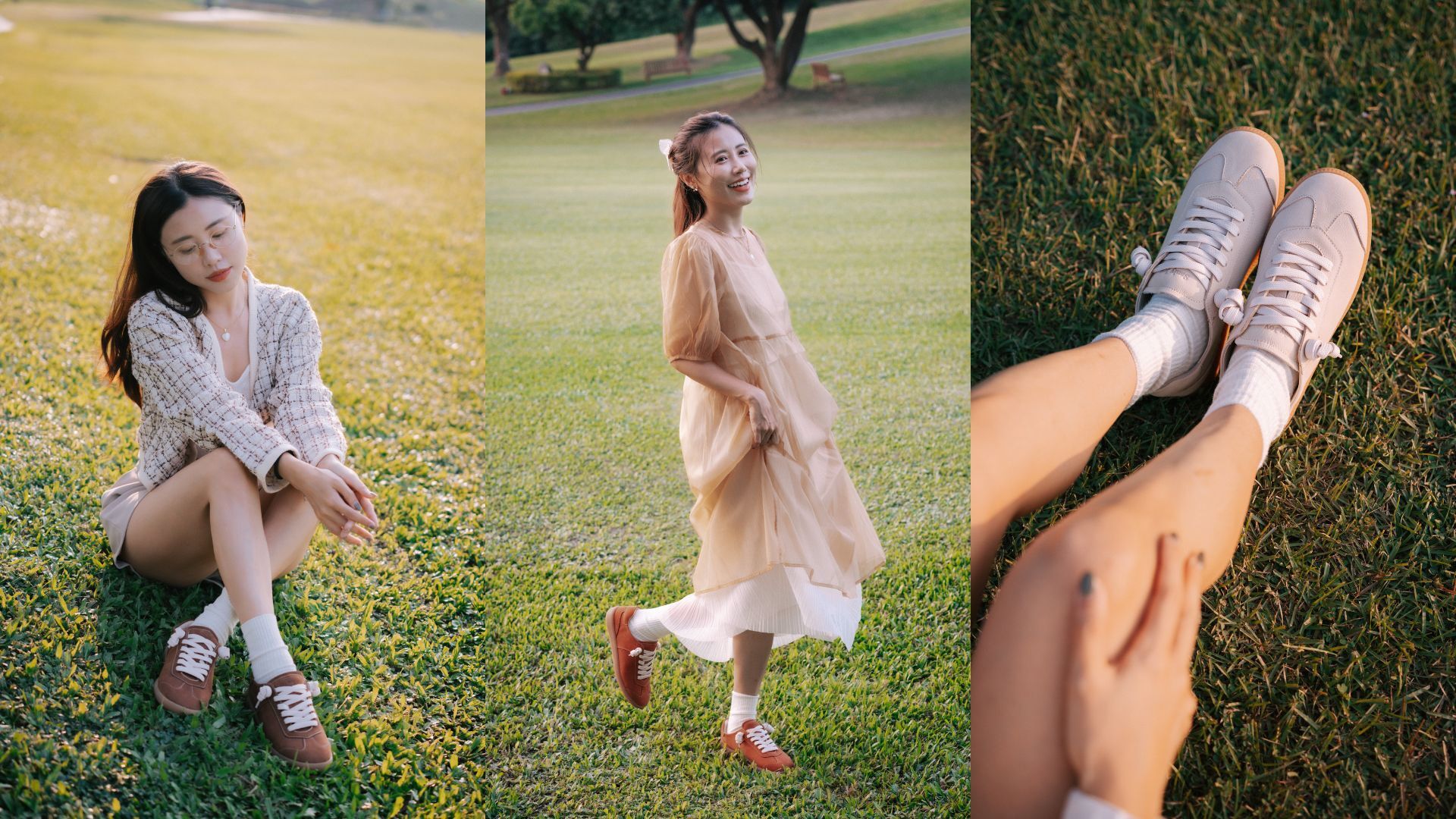 Sanly Joy諾拉 咖啡色、橙色、米色，三個顏色分割照片，皮面是牛巴戈(磨沙牛皮)