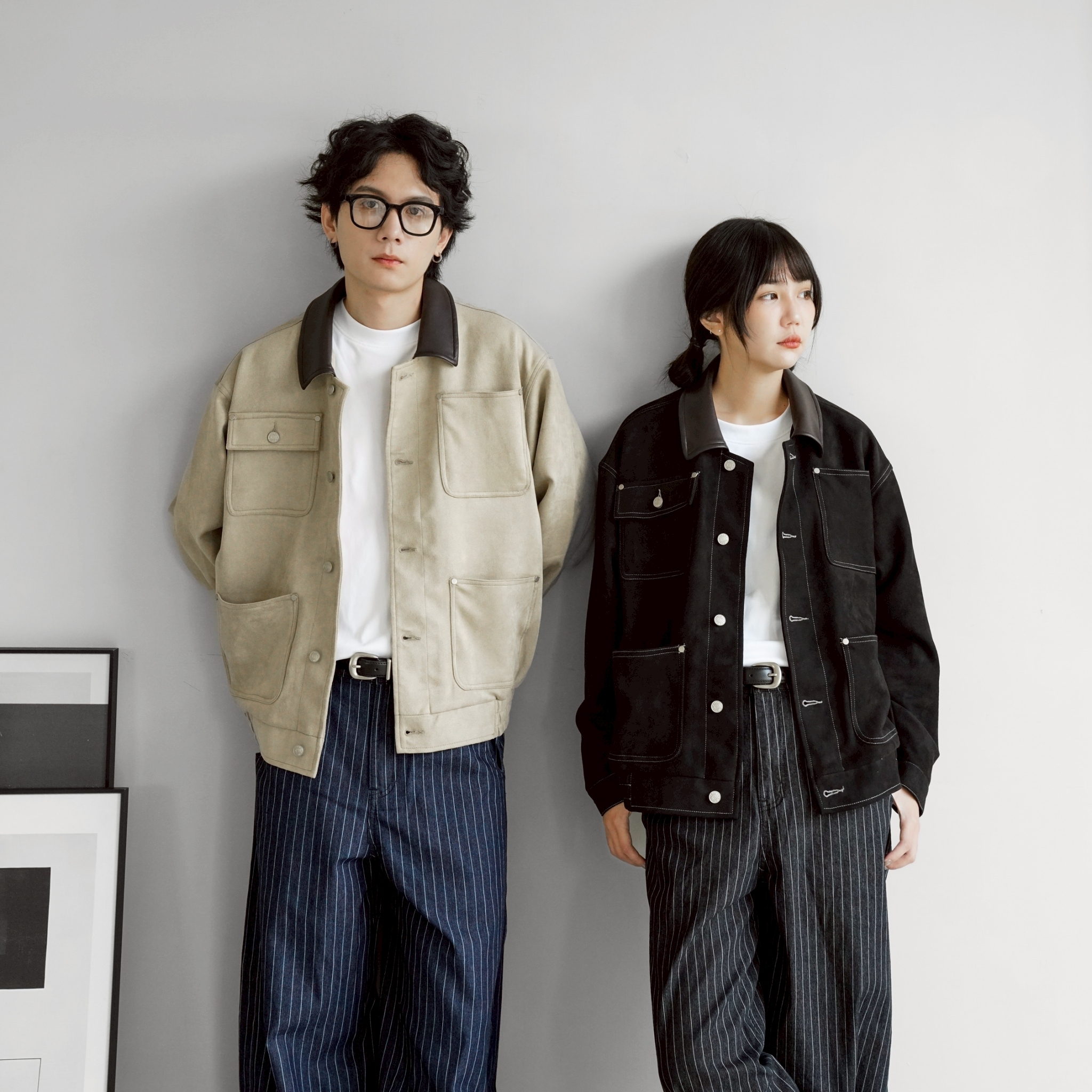 SBG 彈力麂皮口袋拼接皮領夾克【V0010】