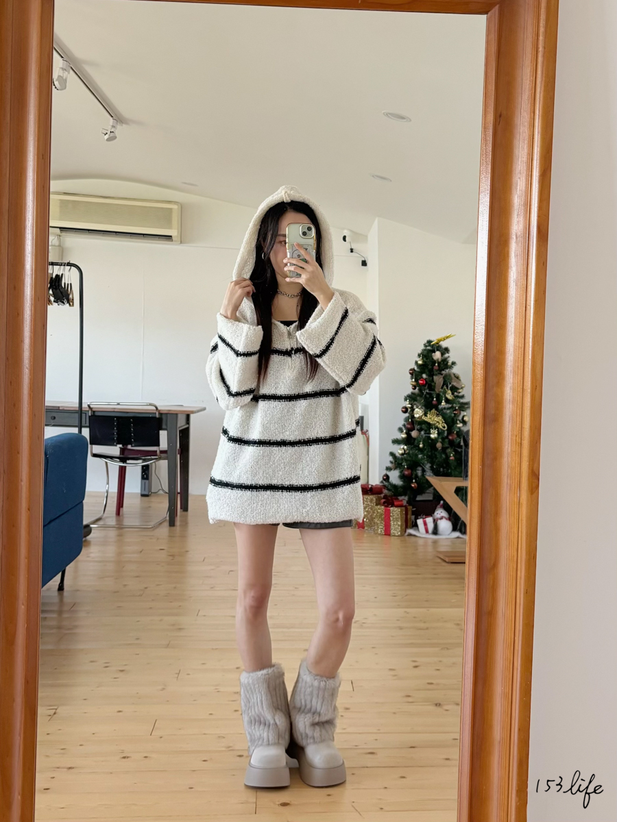 |現貨|連帽拉鏈橫紋大版針織上衣