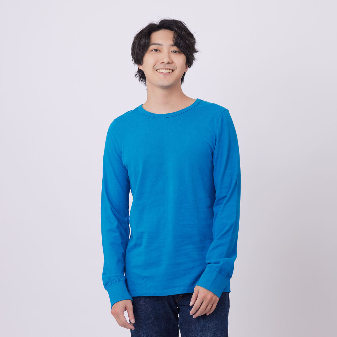 素面 圓領 長袖 蜜桃棉 男T 海藍