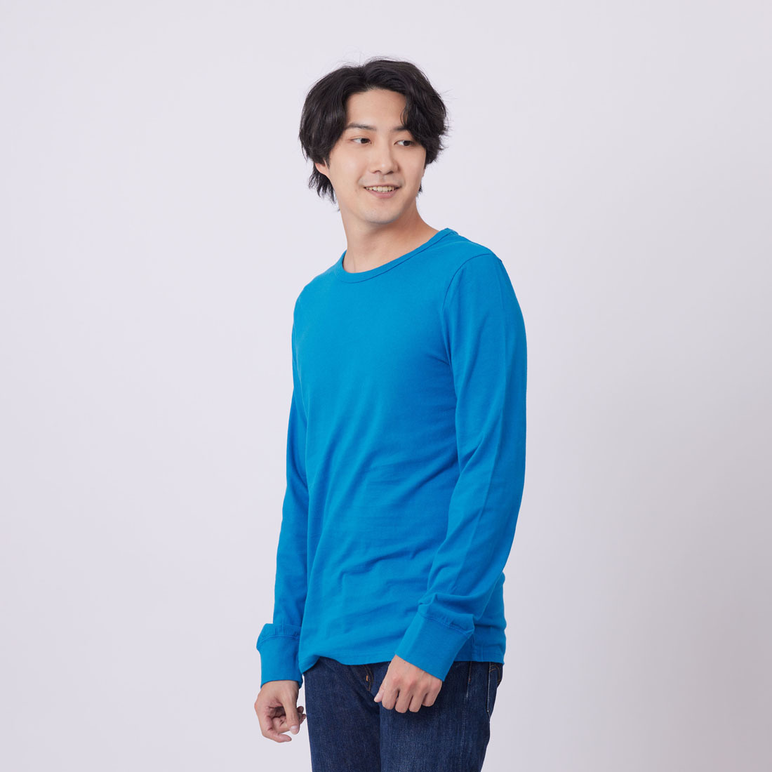 素面 圓領 長袖 蜜桃棉 男T 海藍