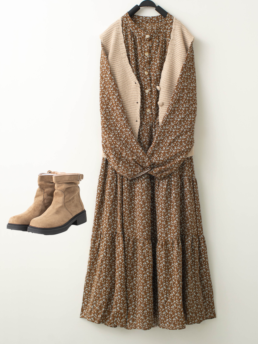 鬆餅織紋v領針織背心印花細褶綁帶洋裝組合