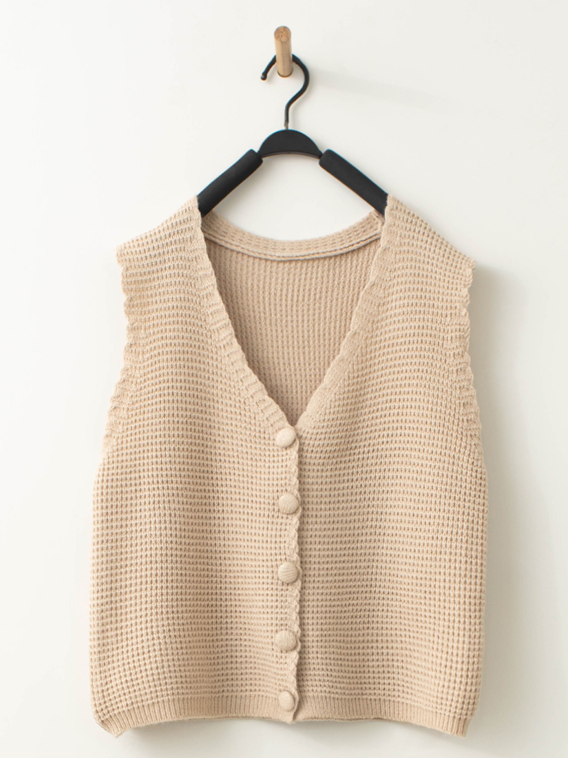 鬆餅織紋v領針織背心印花細褶綁帶洋裝組合