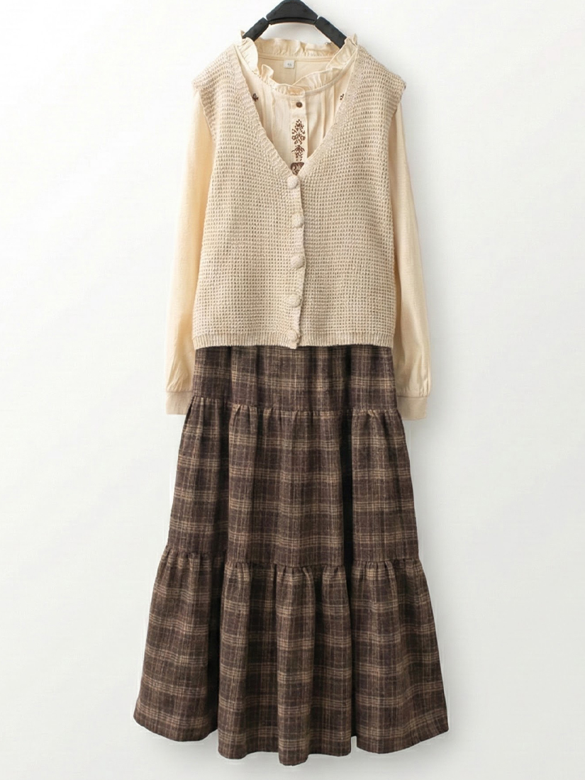 鬆餅織紋V領背心繡花立領條絨上衣格紋法蘭絨蛋糕長裙組合