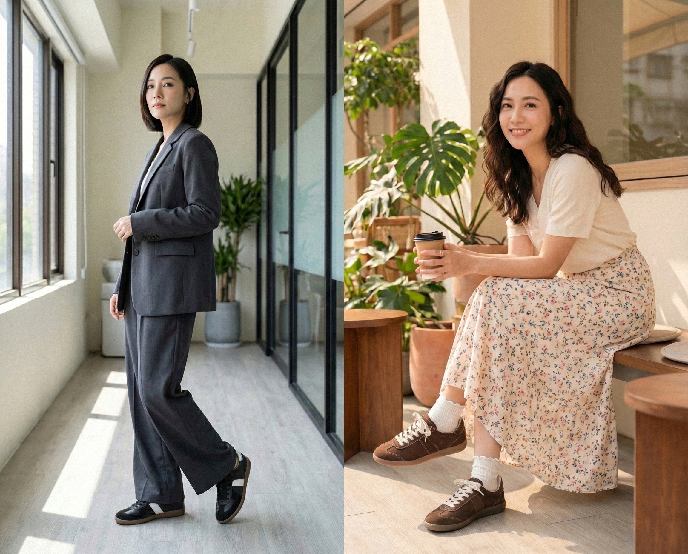 Sanly Joy 真皮德訓鞋的一鞋多穿教學，示範 Athflow 風格穿搭，包含職場西裝褲的俐落搭配與週末長裙的甜美造型，展現 2026 流行球鞋的百搭性與實用價值。