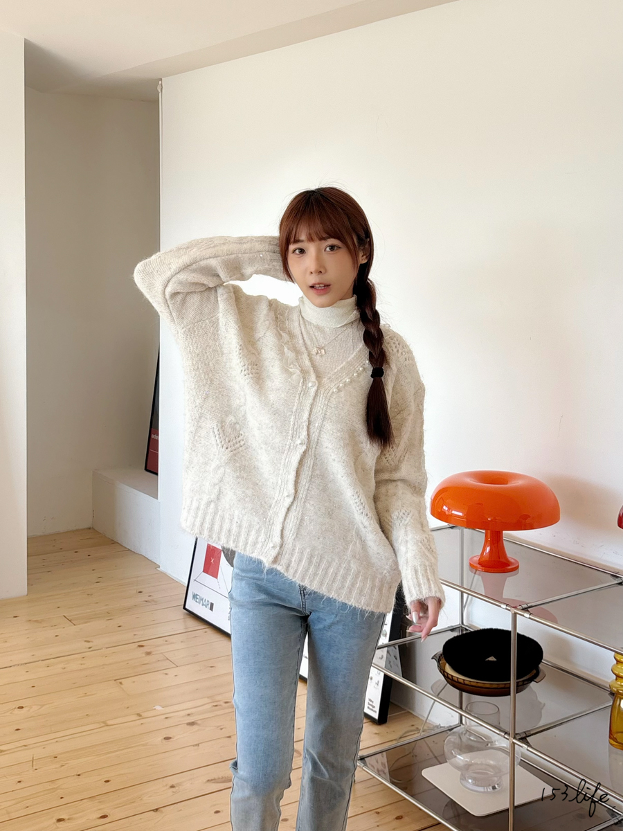 |現貨|氣質蕾絲珍珠大版開釦軟軟毛衣(2色)