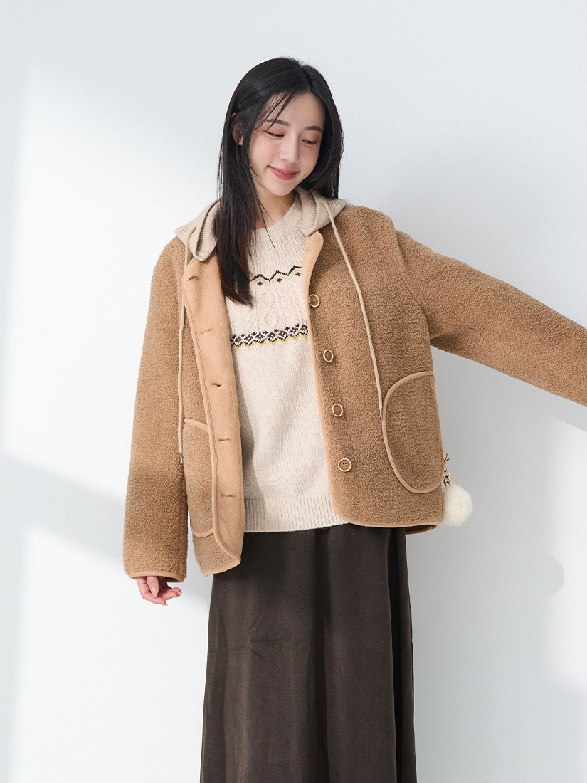 搖粒絨連帽外套圓領毛衣A字長裙組合