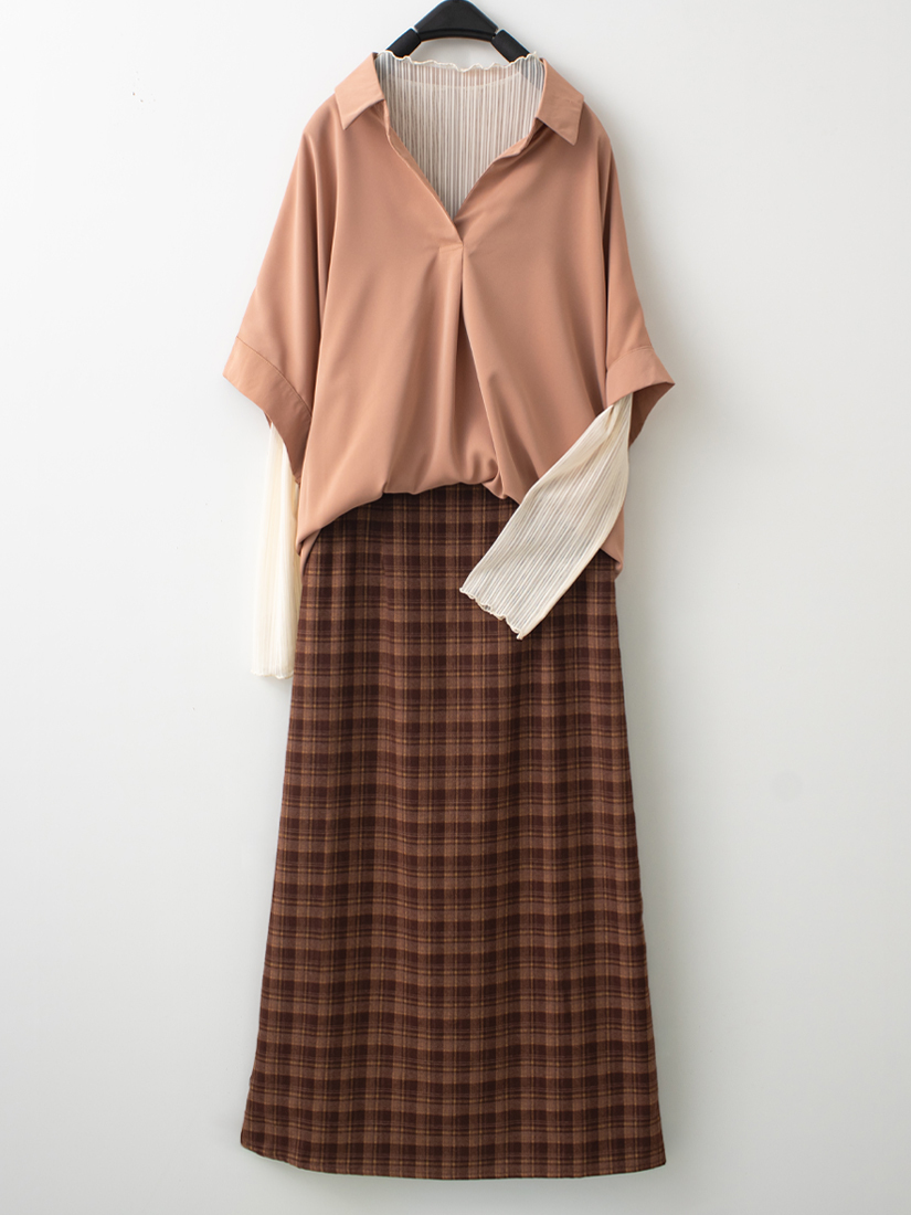 半開襟短袖上衣木耳邊條紋內搭格紋H型長裙組合