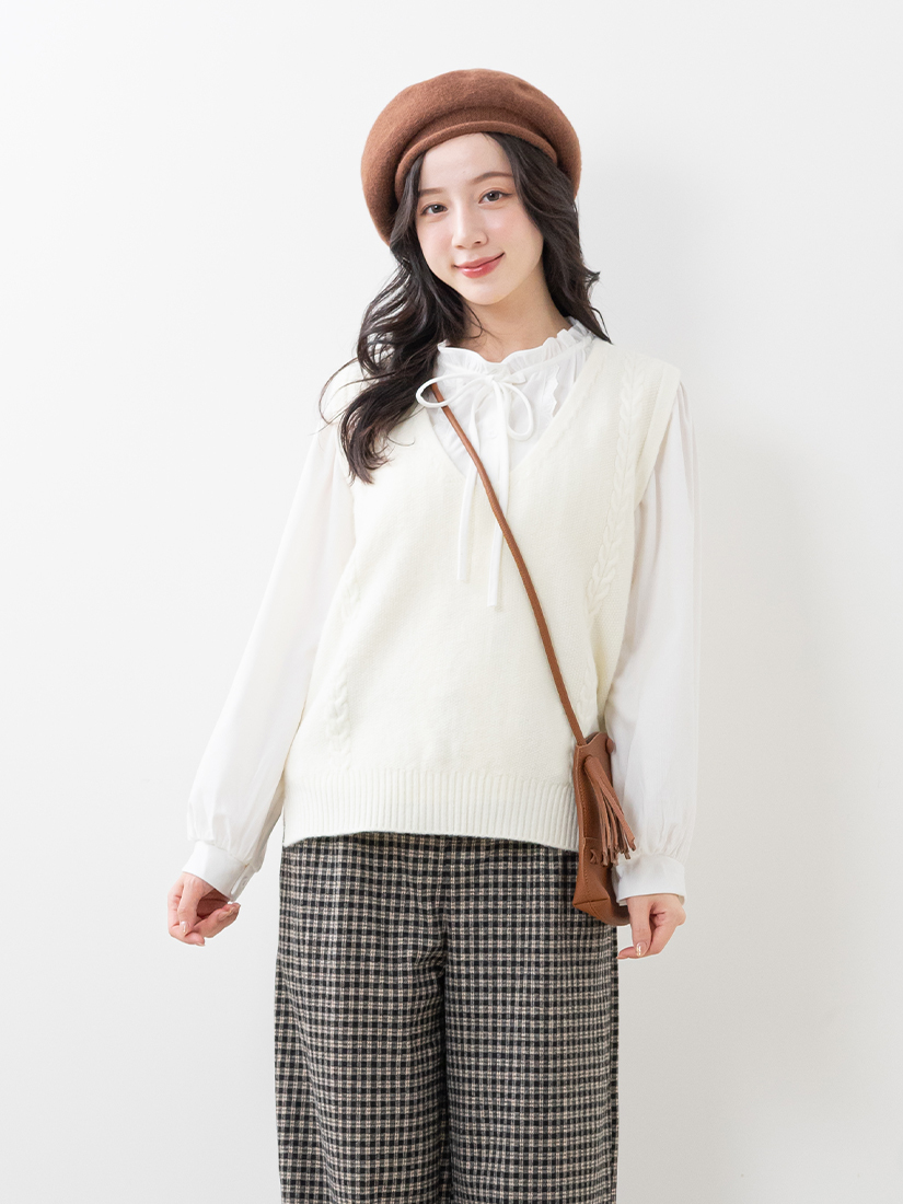 V領麻花針織背心荷葉領綁帶條絨上衣格紋打褶直筒褲組合