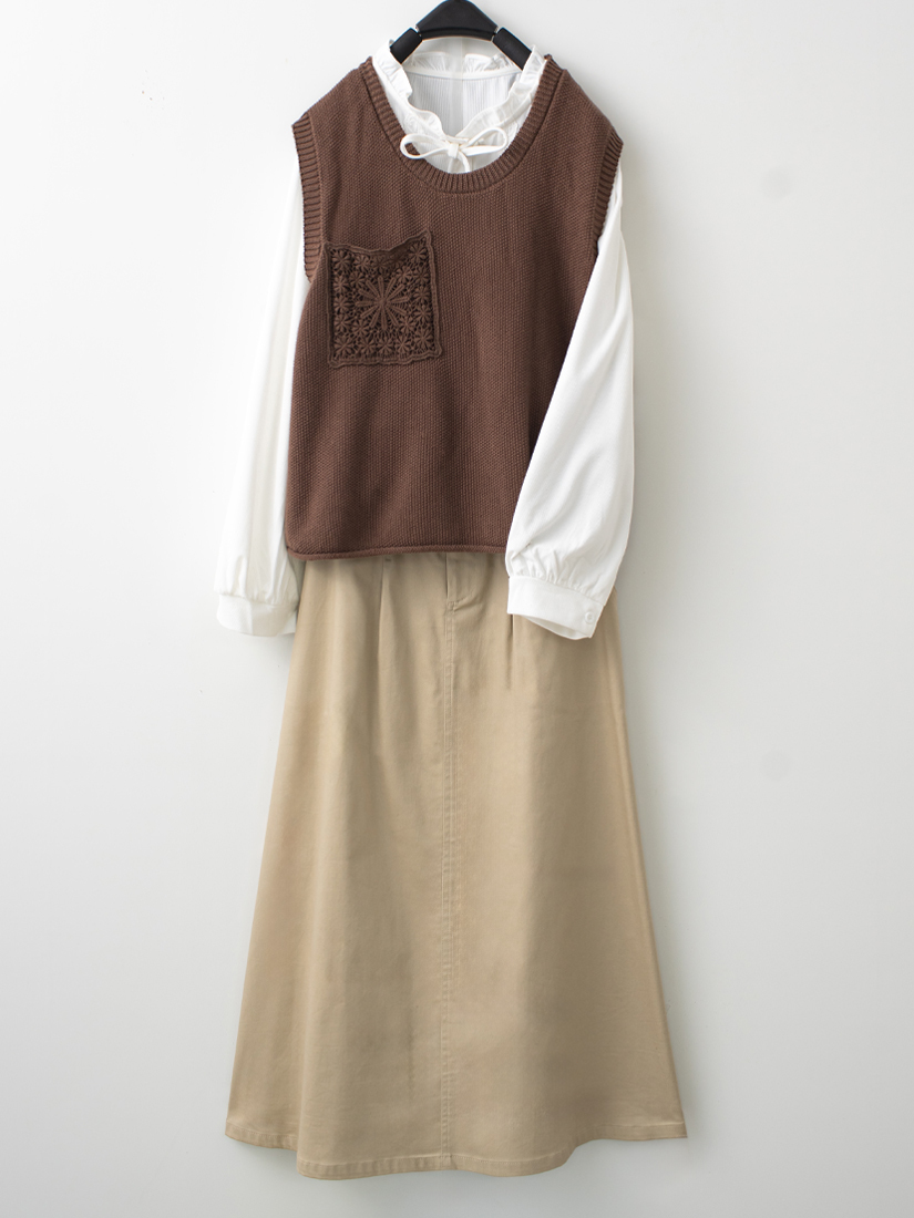 蕾絲口袋針織背心荷葉領綁帶條絨上衣打褶A字長裙組合