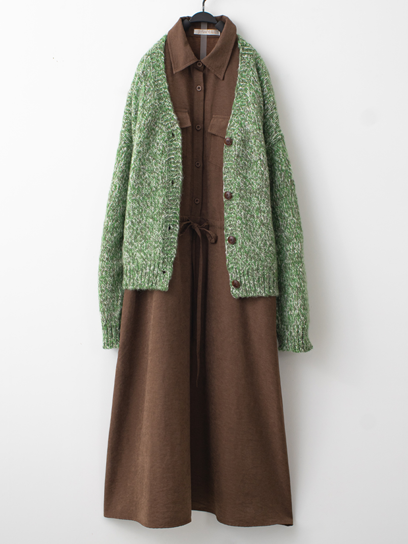 混色織紋外套簡約桃面絨綁帶洋裝組合