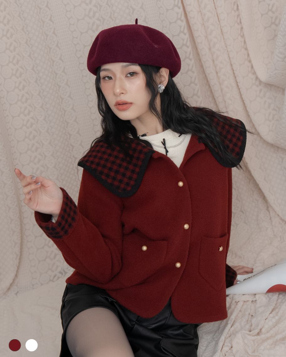 復古格紋大翻領短版毛呢外套