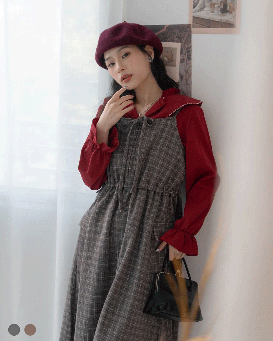 復古格紋前綁帶側抽繩吊帶洋裝
