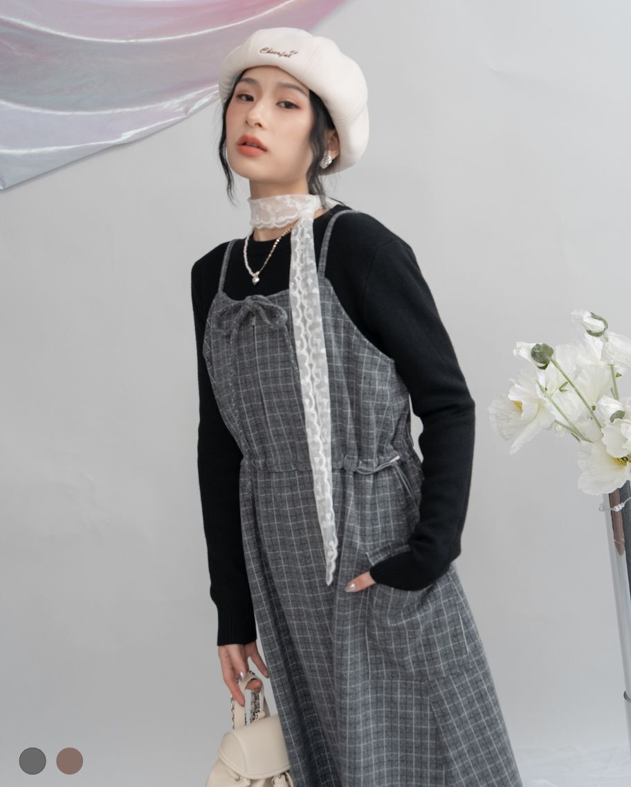 復古格紋前綁帶側抽繩吊帶洋裝