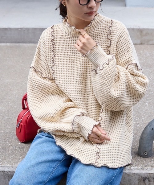 [現貨] MONO-MART / waffle pattern oversized high neck knit
