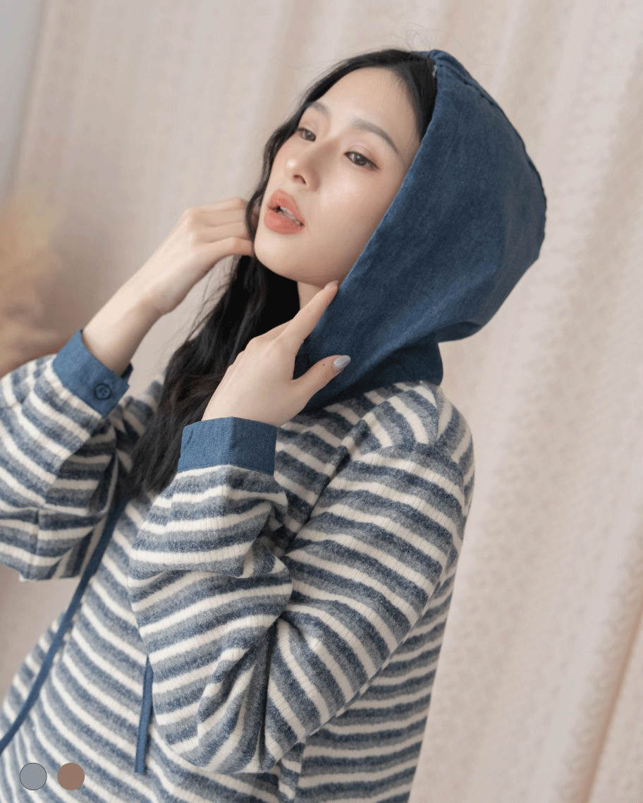 復古單寧拼接條紋連帽上衣