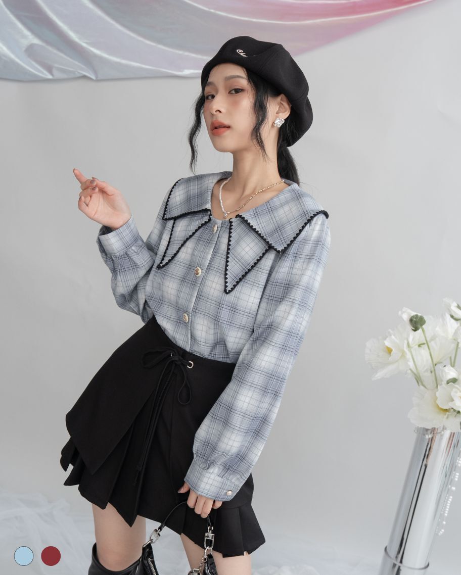 復古撞邊格紋翻領上衣