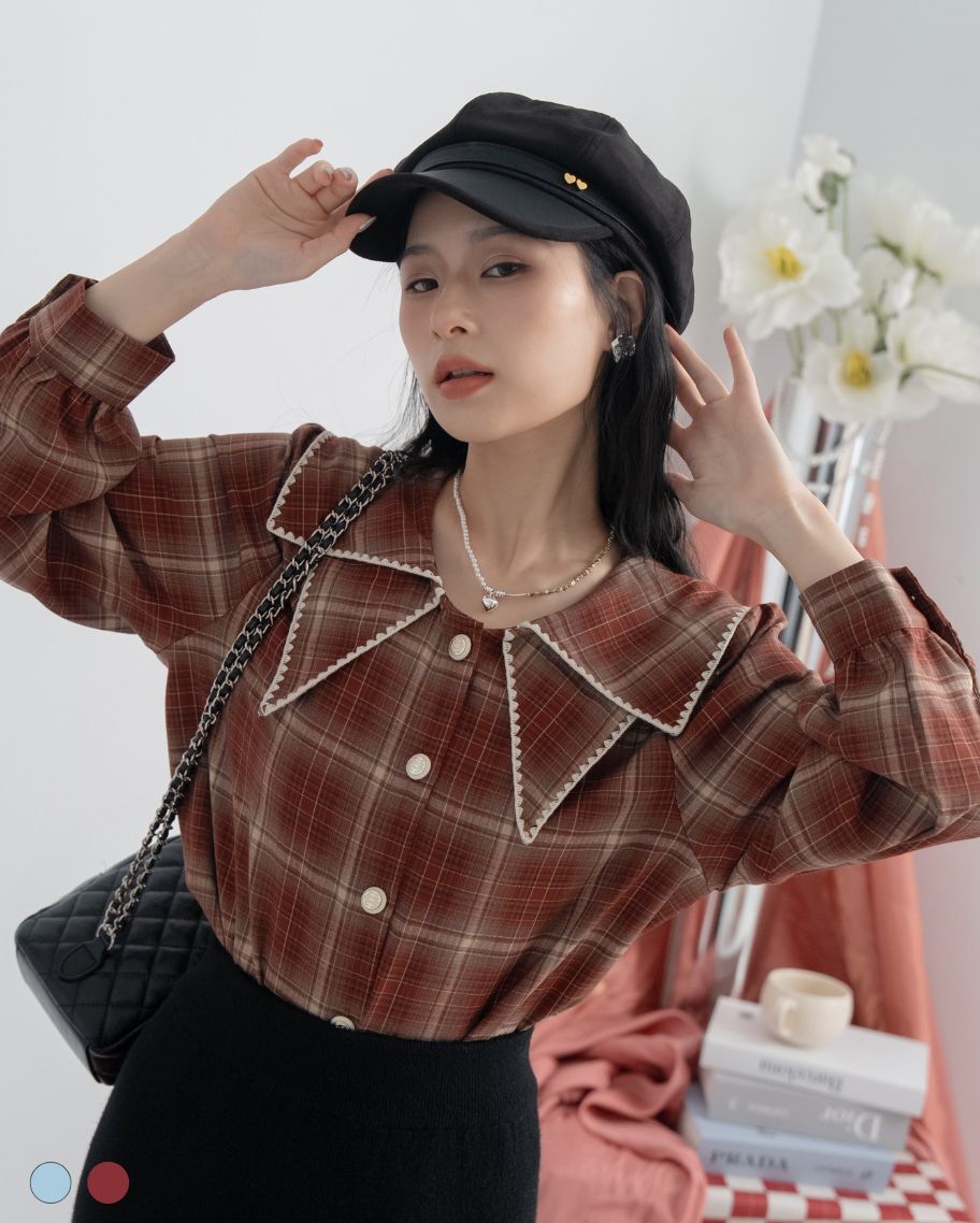 復古撞邊格紋翻領上衣