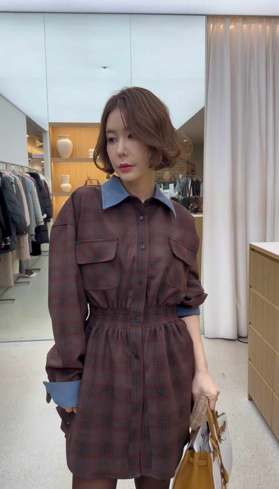 JU5301 復古格紋拼色領連身裙 *特價*