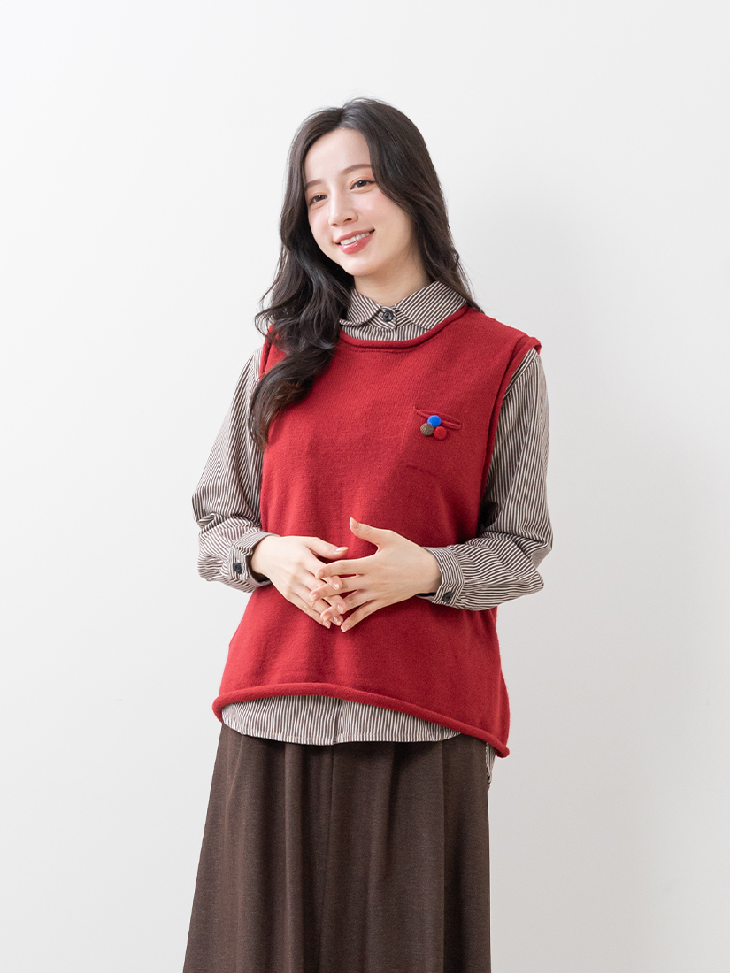 捲邊素色口袋包釦針織背心