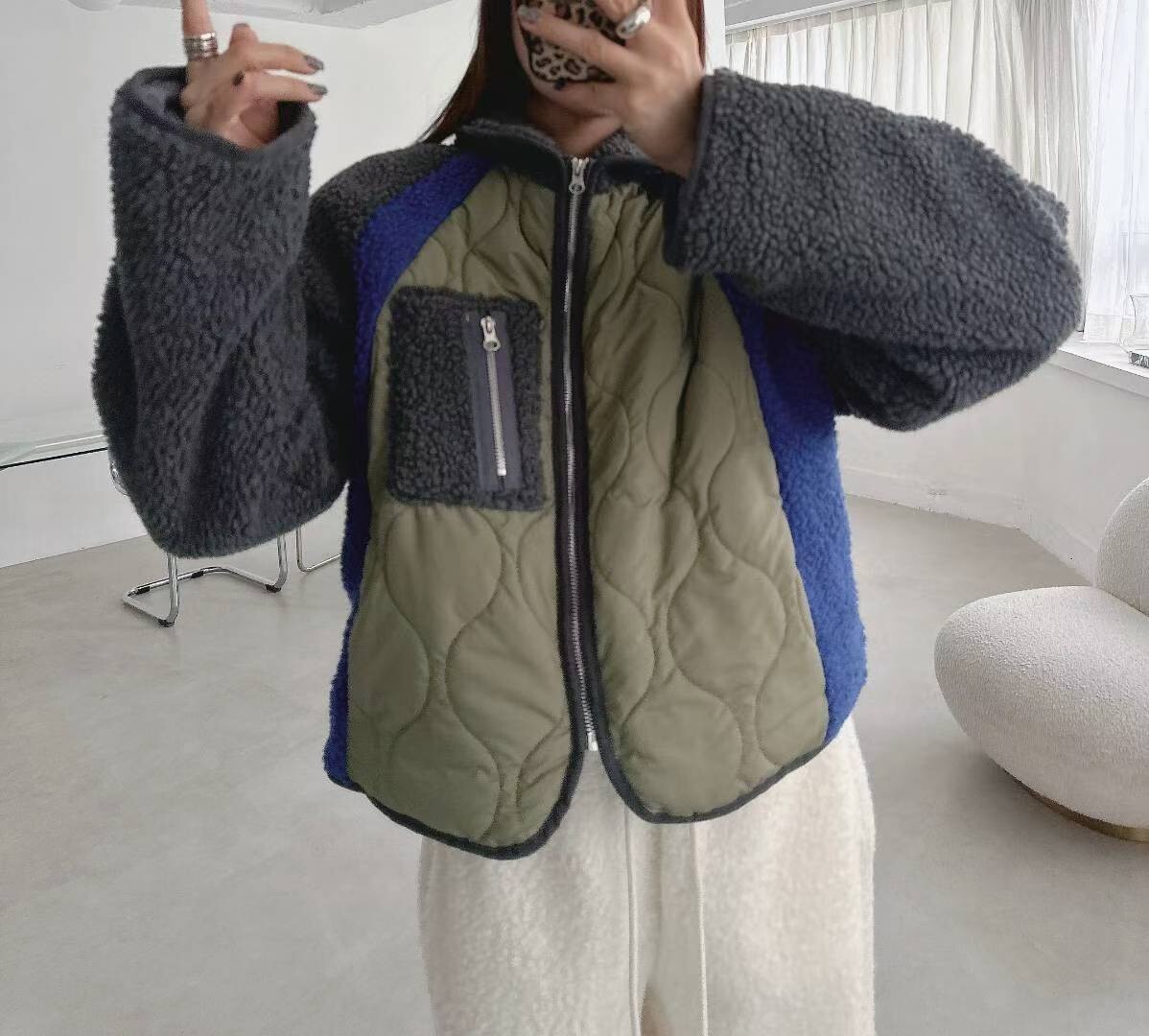 羊毛呢拼接壓紋鋪棉外