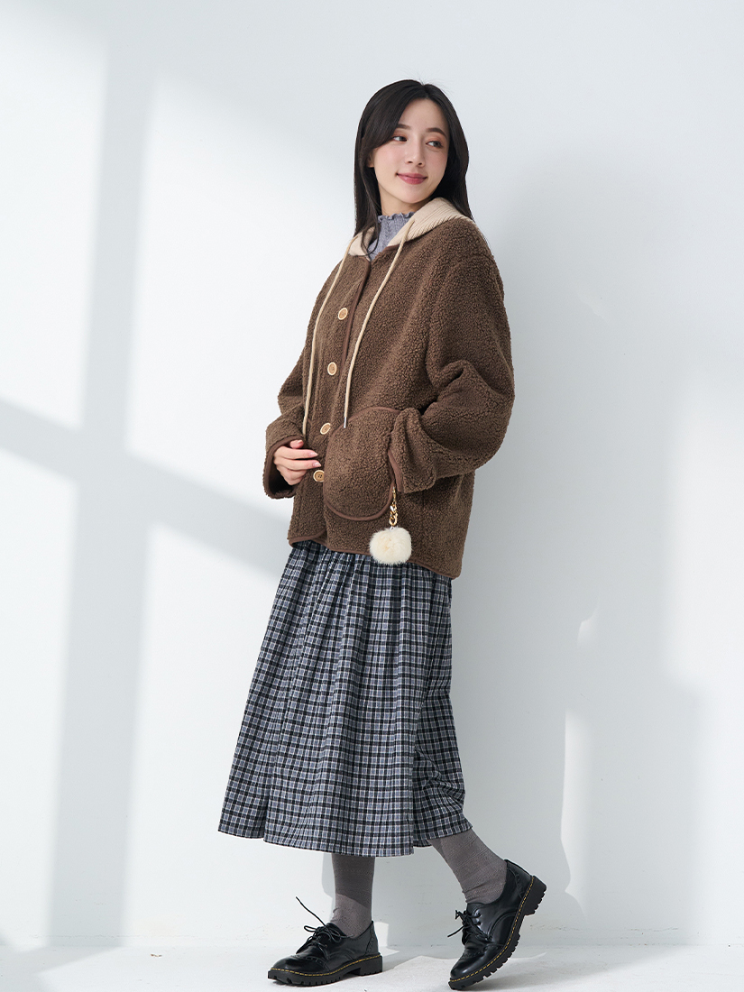 搖粒絨連帽外套立領上衣細褶八分裙組合