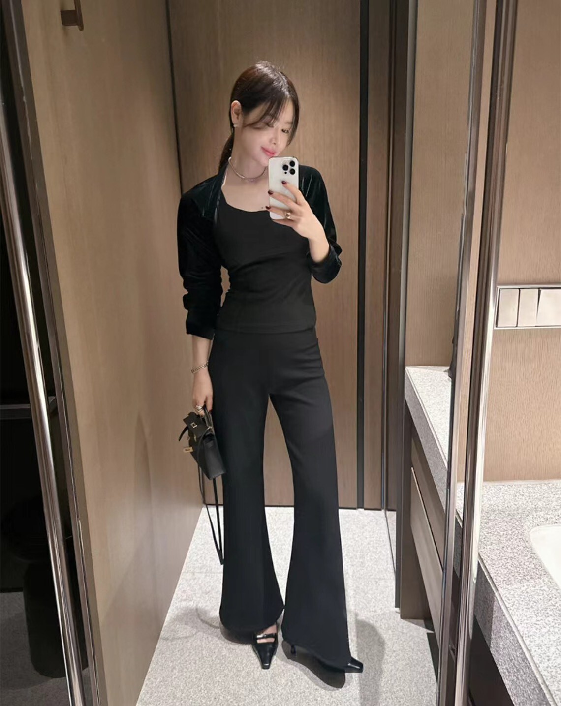 萊卡壓腹喇叭休閒長褲