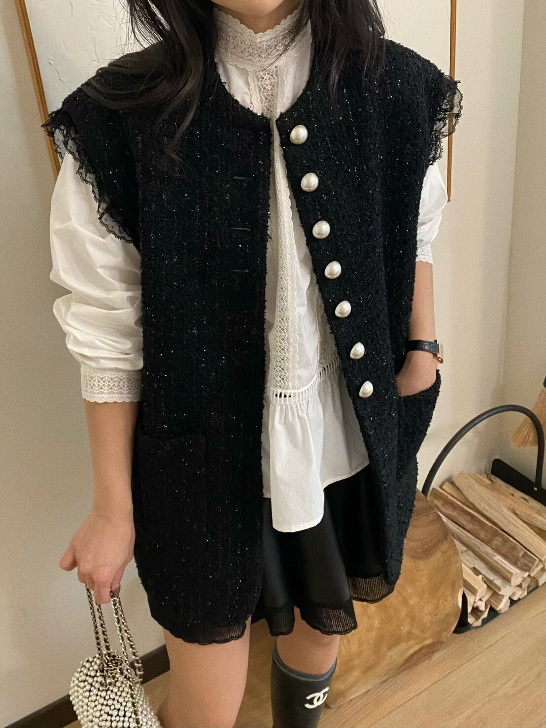 黑色小香大珍珠釦馬甲背心