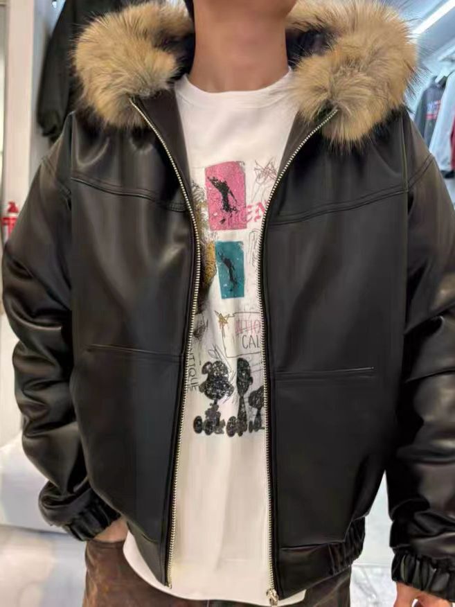 毛毛帽圖案拉鍊合成皮褸 VENTIQUE-081JK