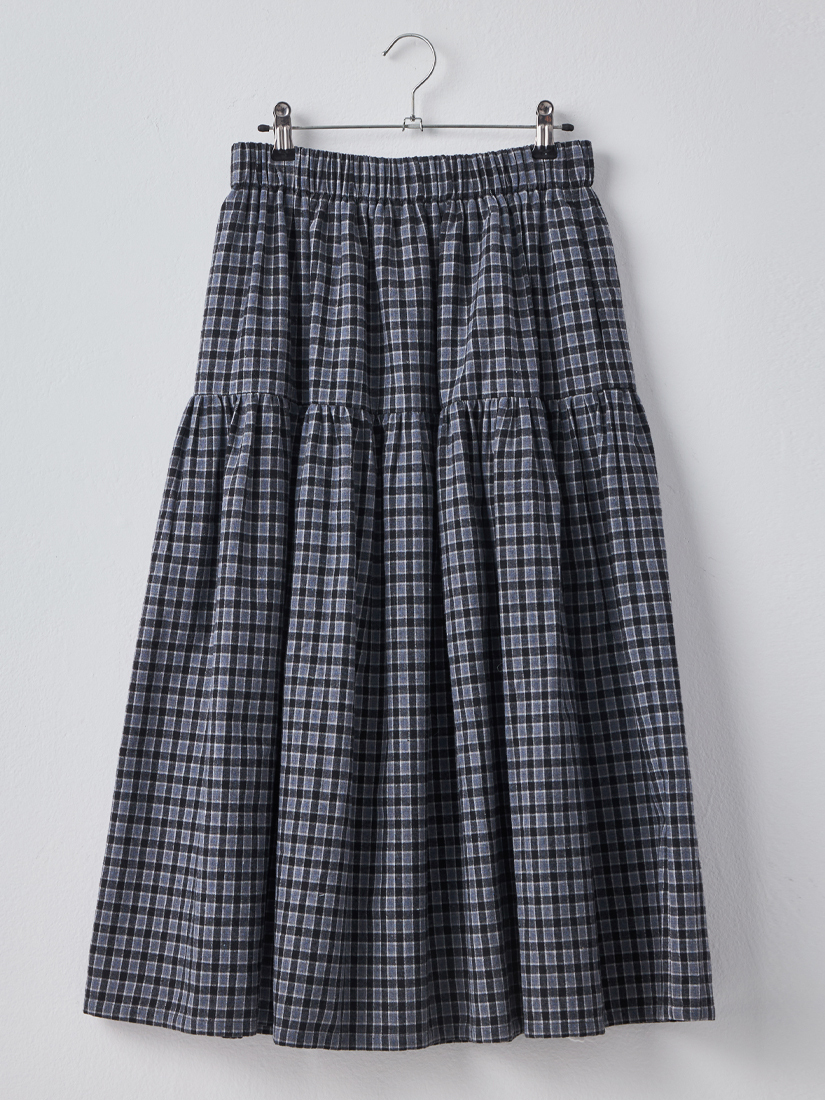 輕磨毛格紋剪接細褶口袋八分長裙