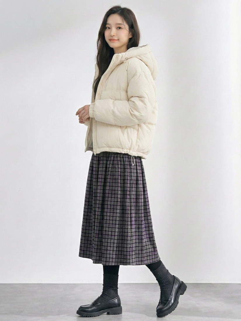 輕盈保暖羽絨短外套磨毛細褶口袋八分裙組合