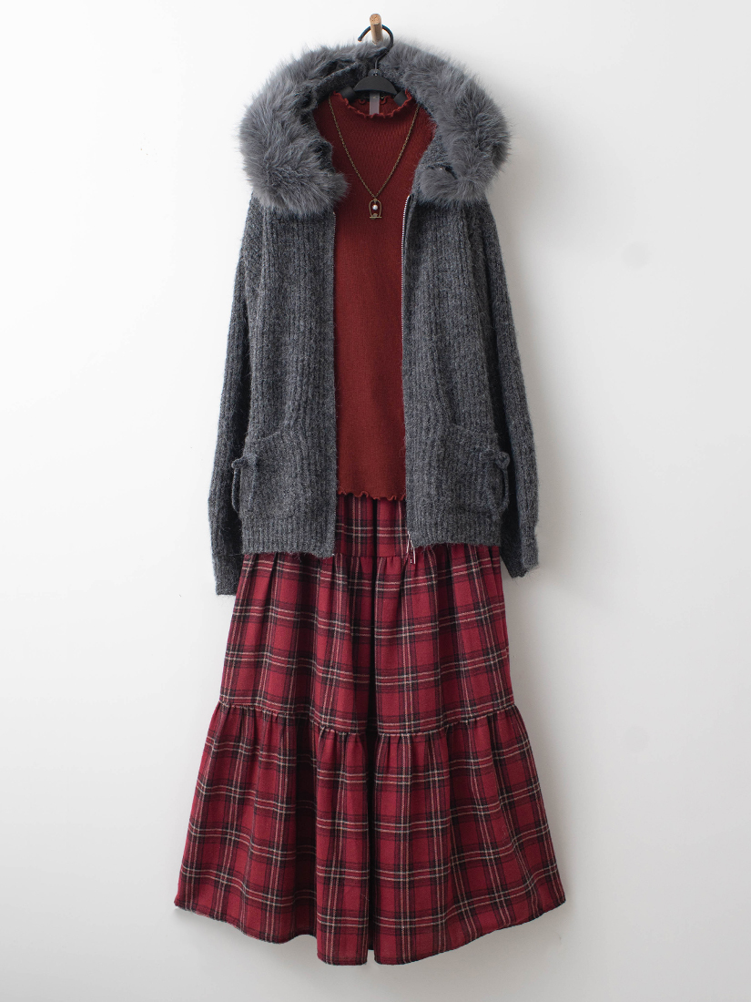 毛領針織外套舒適針織上衣學院格紋裙組合