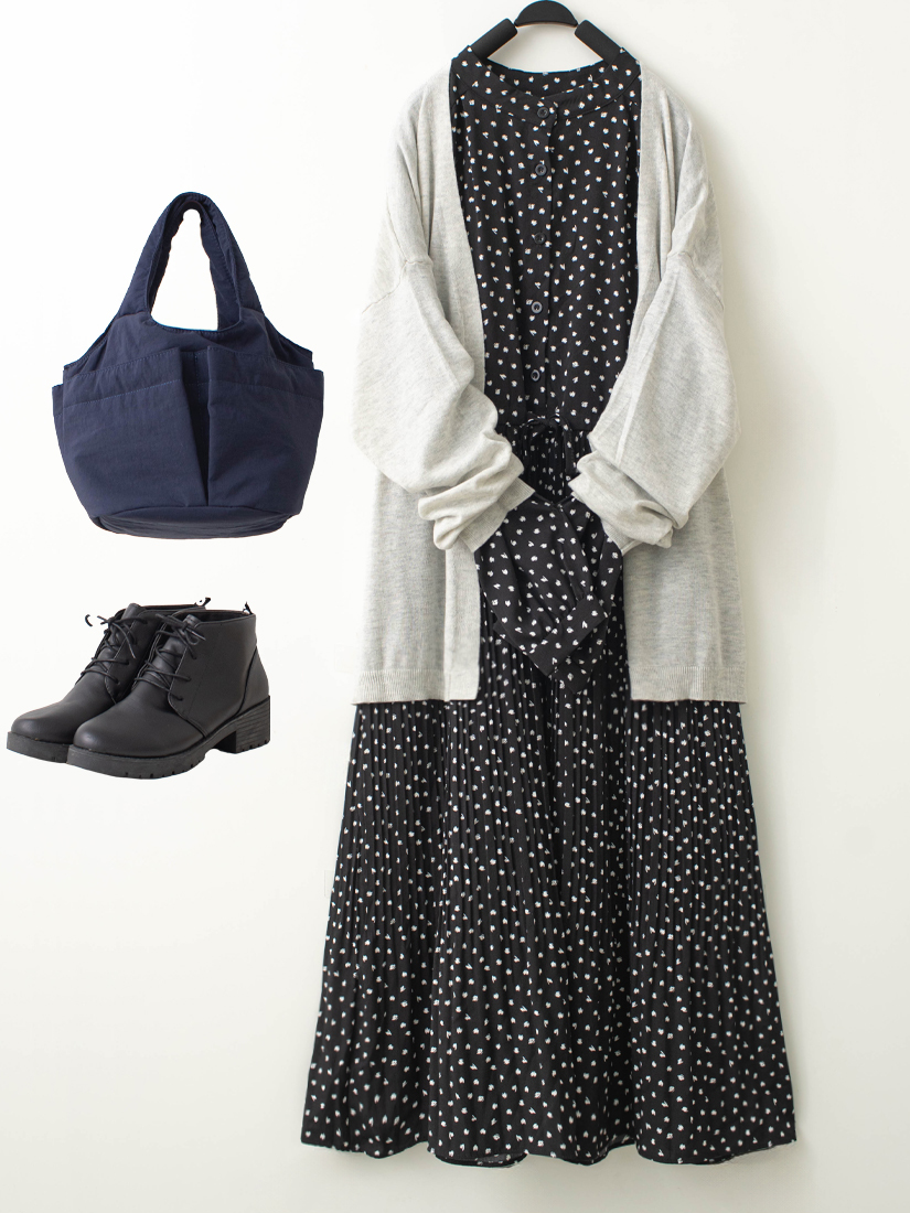 素面針織罩衫點點印花綁帶壓褶長洋裝組合