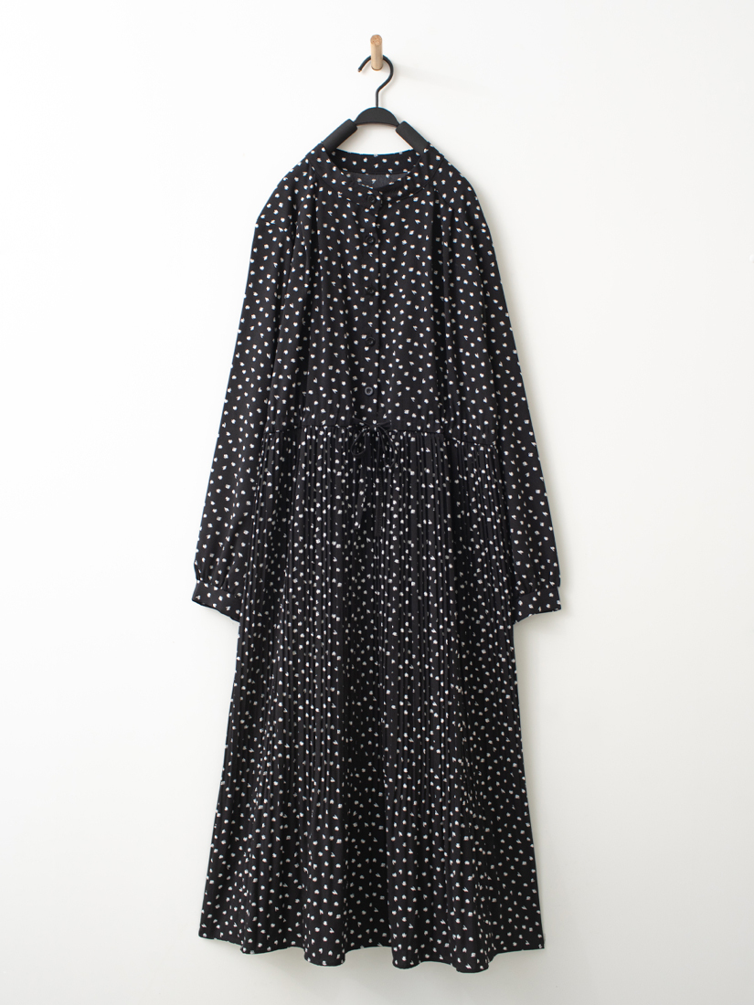 點點印花綁帶壓褶長洋裝