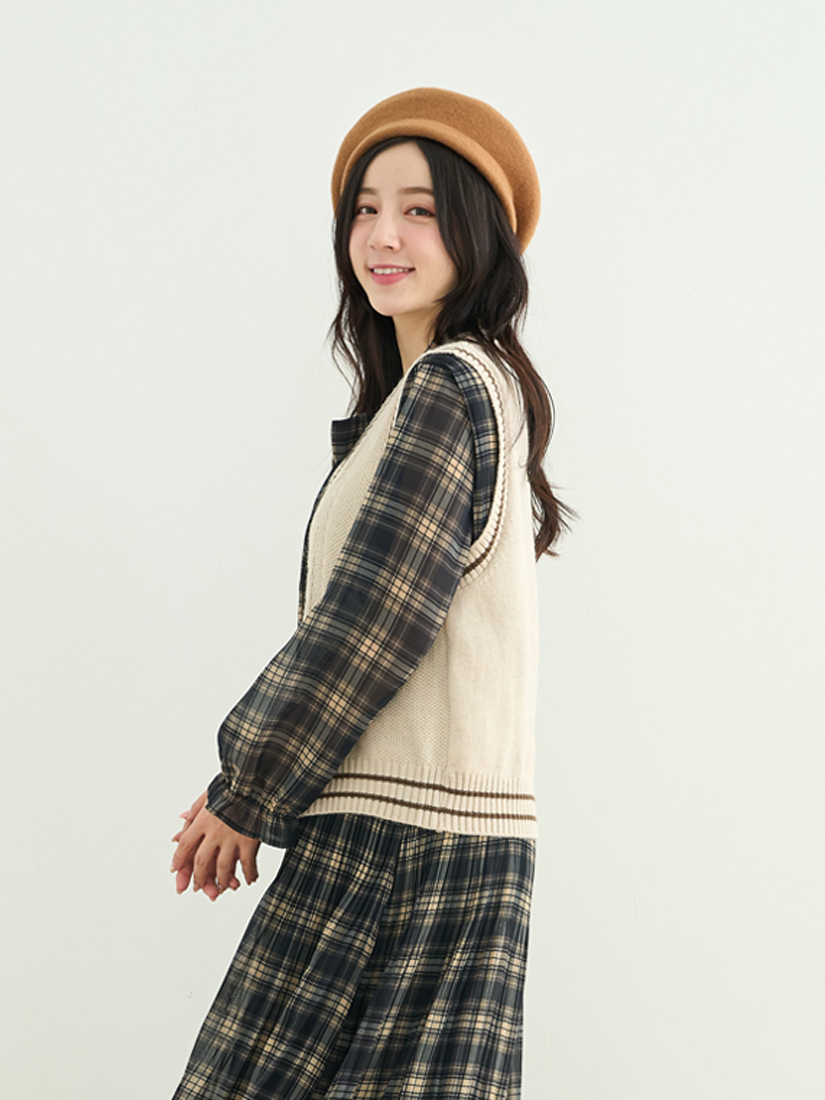 壓褶格紋雪紡綁帶長洋裝